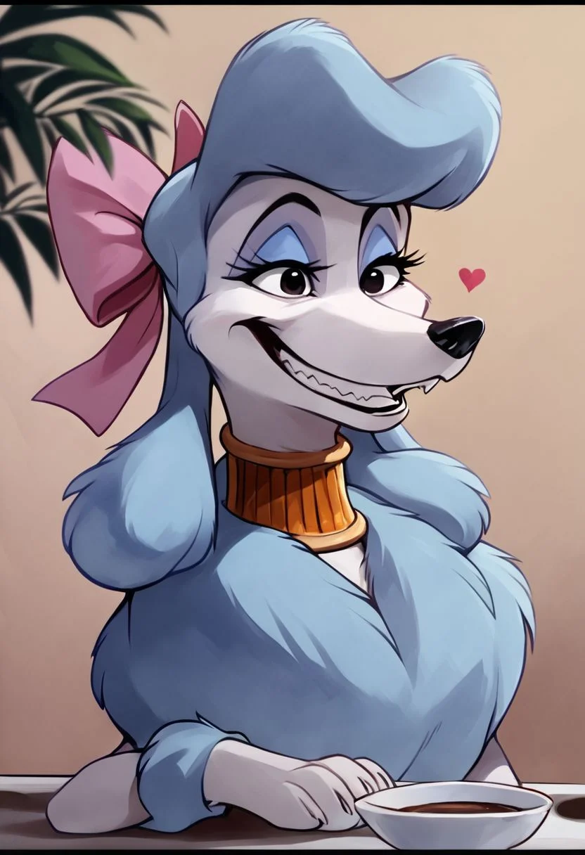 score_9,score_8,score_7,source_furry,
<1girl:1.5>,
<solo:1.5>,
georgette_oliver, georgette_poodle, 1girl, solo, furry female, furry, smile, bow, pink bow, hair bow, cup, letterboxed, parody, plant, grin, breasts, jewelry, style parody, upper body, teeth, poodle_girl, feral, dog, canine, poodle, sfw, safe,meme, Grimace,
detailed,
4k,
8k,
full hd,
