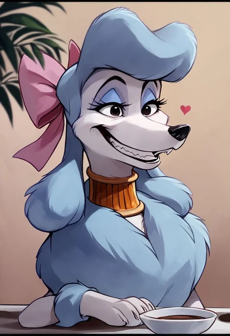 score_9,score_8,score_7,source_furry,
<1girl:1.5>,
<solo:1.5>,
georgette_oliver, georgette_poodle, 1girl, solo, furry female, furry, smile, bow, pink bow, hair bow, cup, letterboxed, parody, plant, grin, breasts, jewelry, style parody, upper body, teeth, poodle_girl, feral, dog, canine, poodle, sfw, safe,meme, Grimace,
detailed,
4k,
8k,
full hd,