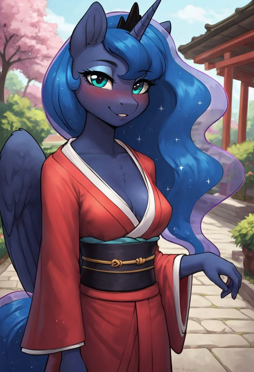 score_9, score_8_up, score_7_up, score_6_up, realistic illustration, dramatic angle, garden, outdoors, close view, 1girl, solo, princess luna, (anthro pony), 18 yo, tail, petite body, medium perky breasts, blush, blushing, inviting look, looking at you, japanese clothing, japanese dress, kimono, (red kimpno, red clothes), seducing, seduce, inviting look, dynamic pose, dramatic angle