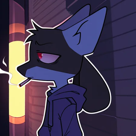 sinnerpen,
masterpiece,best quality,amazing quality, sfw,
BREAK
solo, lucario, male, no human,
BREAK
1boy,  displeasure expression, tired, hoodie, hood,
standing, smocking, 
from side, half body, night, dark ambient, cigarette light, alley, focus face