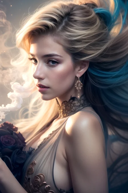 AS-YoungV2, best quality, ultra high res, (photorealistic:1.4), highly detailed, Romani female model, gorgeous, symmetrical face, perfect nose, dark brown hair, shaggy bangs, full body, Sylvite Copper wire earrings, elegant embroidered fantasy dress, dynamic pose, colorful smoke, water, cloud, fire, Non-representational, colors and shapes, expression of feelings, imaginative, Abstract style, OverallDetail, SkinHairDetail, <lora:yryy_style:0.6>, <lora:GoodHands-beta2:0.8>, view from angle, (looks at the viewer:1.1), A luxurious perfect naughty face, blue eyes, (half-closed eyes:0.35), (open mouth, breathing heavily:1.35), femme_fatale, (hollywood wavy voluminous blonde hairstyle:1.3), plump lips,  bright make-up, royal whore style, (luxury sexy aesthetics:1.3),
(diffuse lighting:1.2), (sharp focus:1.2), (film grain:1.2), <lora:add_detail:0.4>,, [(Hasselblad H6D-400c)], [(medium format image)], [(400 mega pixels)], (photorealistic:1.4), (RAW photo:1.2), (masterpiece, best quality, realistic, hyper-realistic:1.3), high quality, (very_high_realistic, very_high_resolution:1.5), ultra high res, incredibly absurdres, highres, amazingly fine ultra-detailed, ultra-detailed, highly detailed, finely detailed, intricate and extremely detailed, extremely detailed CG unity 8k wallpaper, 8K raw photo, dynamic lighting, professional lighting, cinematic lighting, photo studio, low key, exquisite details and textures, delicate and beautiful, physically-based rendering, (extremely delicate intricate and beautiful:1.3), ultra-detailed best illustration, official art, work of art, (award winning color photograph:1.4), analog style, mdjrny-v4 style, artstation, stunning, incredible, top-notch, feature article or story, volumetric fog, (coolcolor:1.4), 8k UHD, HDR, DSLR, Fujifilm XT3, kkw-ph1,