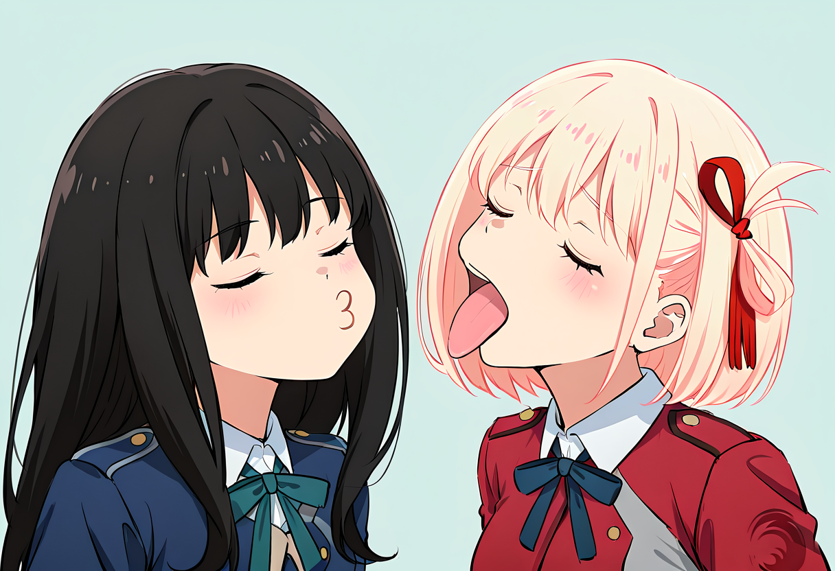 masterpiece, best quality, absurdres, 2girls, simple background, upper body, closed eyes,
BREAK
inoue takina, puckered lips, open mouth, o3o
BREAK
nishikigi chisato, tongue, tongue out,
 <lora:notyet_kiss_vs_expecting_a_kiss_with_tongue-10 (1):1>
