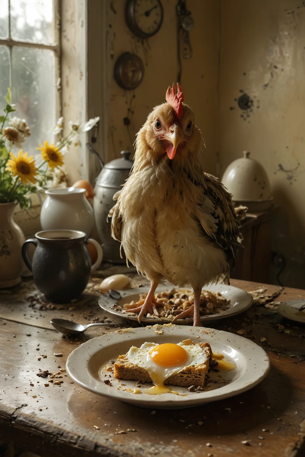(art by Jean Baptiste Monge:1.4), A comical scene featuring a chicken standing in front of a half-eaten breakfast egg, looking utterly bewildered at the camera. The chicken's feathers are ruffled, and its head is tilted to the side, with wide eyes full of confusion and curiosity. The breakfast setting includes a plate with the partially eaten egg, some toast crumbs, and a small splash of coffee nearby. The background is a cozy kitchen table bathed in warm morning light, adding a touch of humor and charm to the scene.
<lora:MJ52:0.5> <lora:zavy-cntrst-sdxl:1> dark <lora:add-detail-xl:2>