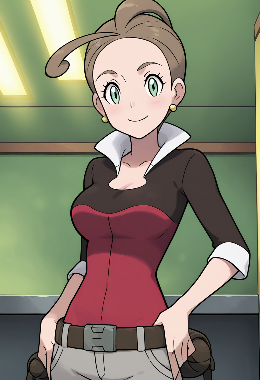 masterpiece, best quality, 1girl, solo, eyelashes, (beautiful eyes), shiny skin, looking at viewer, smile,  zzAlexa, green eyes, ahoge, brown hair, ponytail, short hair, earrings, shirt, belt, pants,     <lora:AlexaPokemon_IXL_v2:1.0>, arms spread, open body language, confident smile, cowboy shot, looking at viewer,