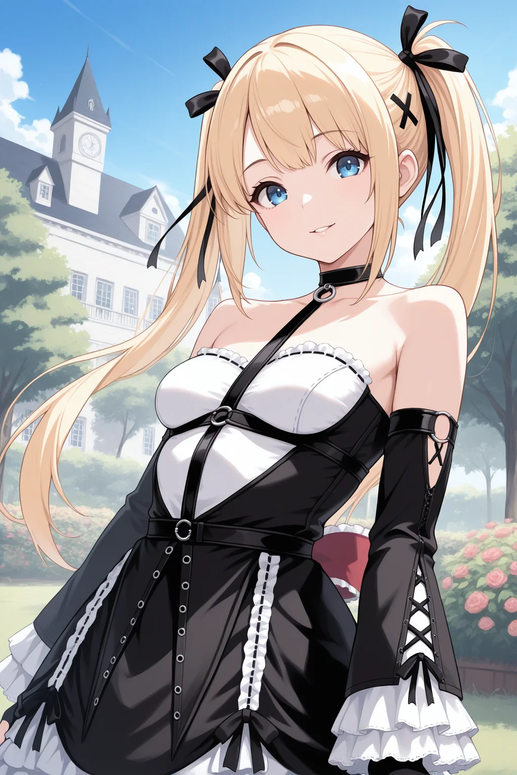 masterpiece, best quality, 1girl, solo <lora:marierose-illu-nvwls-v1-000006:1> mrirs, blonde hair, twintails, long hair, blue eyes, black ribbon, hair ribbon, x hair ornament, choker, harness, frilled dress, gothic dress, two-tone dress, detached sleeves, frilled sleeves, black gloves, fingerless gloves, upper body, looking at viewer, smile, blue sky, garden, mansion, outdoors, arms at sides, parted lips