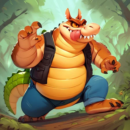 score_9, score_8_up, score_7_up, score_6_up, score_5_up, score_4_up, dingodile, dingo, crocodile tail, monster, mutant, scaly, furry, vest, jeans, fat, chubby, orange eyes, smile, tongue out, action pose, forest background,
