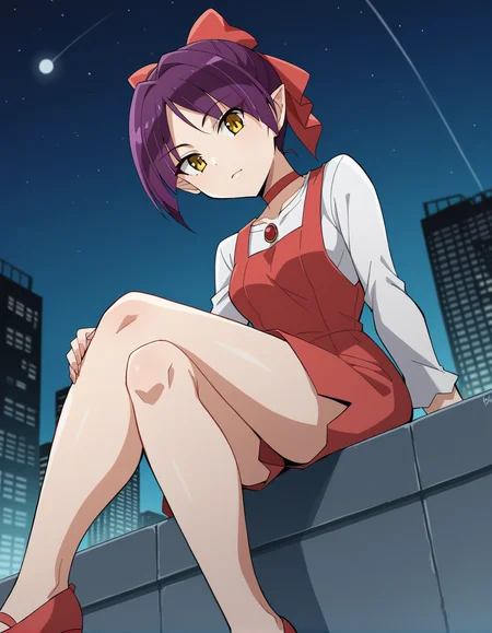 score_9, score_8_up, score_7_up, source_anime, rating_safe, BREAK <lora:nekomusume_XL-Pony_LoRA-C3Lier_8-8-8-8_AdamW_Un3e-4_Te1.5e-4_10batch:1>, nekomusume, 1girl, cat girl, purple hair, short hair, single hair bun, yellow eyes, pointy ears, hair bow, red bow, red choker, white shirt, jewelry, gem, brooch, ribbon, long sleeves, red dress, pinafore dress, short dress, bare legs, sitting, :o, dutch angle, from below, looking at viewer, looking down, rooftop, night, night sky, cityscape, city lights, skyscraper, skyline