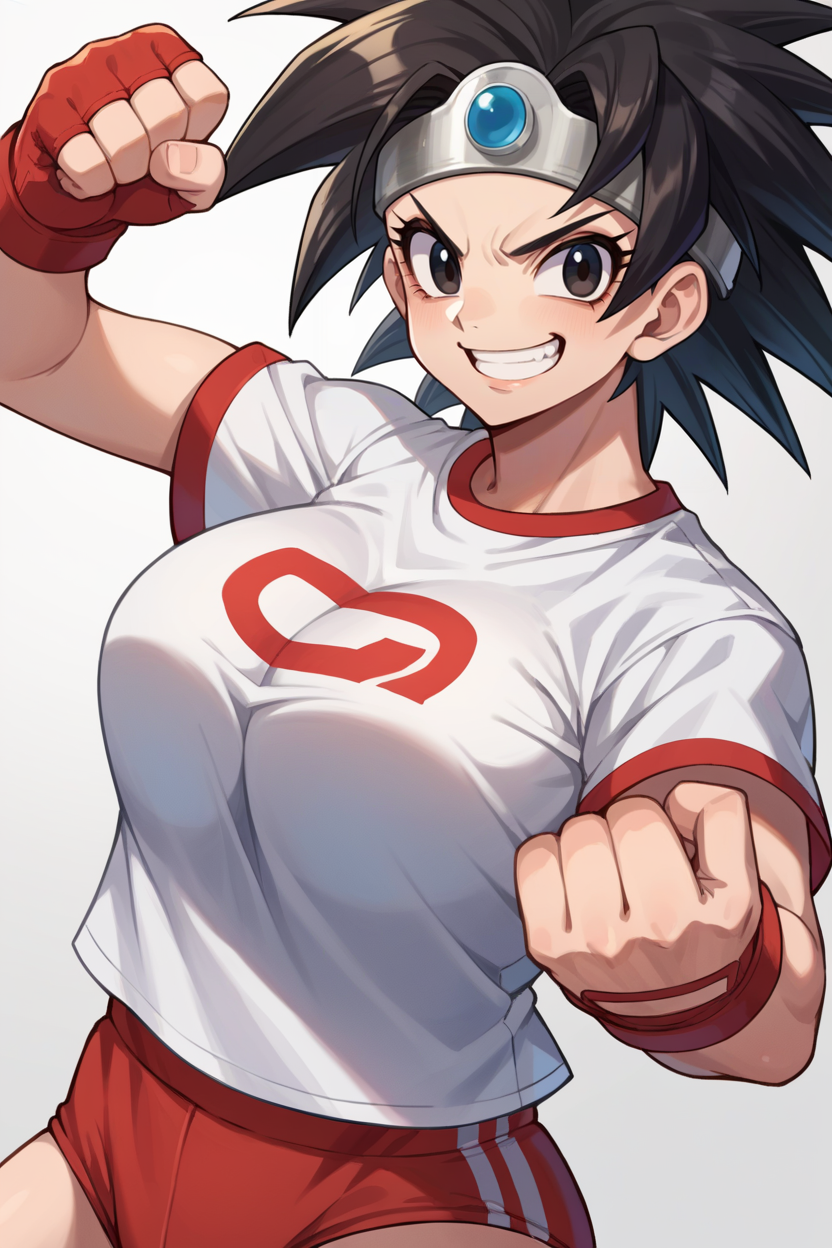 score_9, score_8_up, score_7_up, score_6_up, source_anime, BREAK 1girl, solo, <lora:dq3heroine-pdxl-nvwls-v1-000004:0.9> dq3heroine, black hair, spiky hair, black eyes, circlet, white t-shirt, red buruma, big breasts, fighting stance, fists, gym, smirk, looking at you