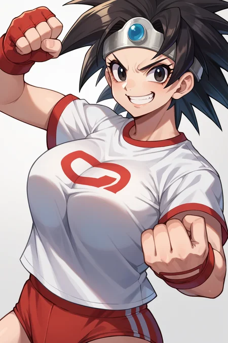 score_9, score_8_up, score_7_up, score_6_up, source_anime, BREAK 1girl, solo, <lora:dq3heroine-pdxl-nvwls-v1-000004:0.9> dq3heroine, black hair, spiky hair, black eyes, circlet, white t-shirt, red buruma, big breasts, fighting stance, fists, gym, smirk, looking at you
