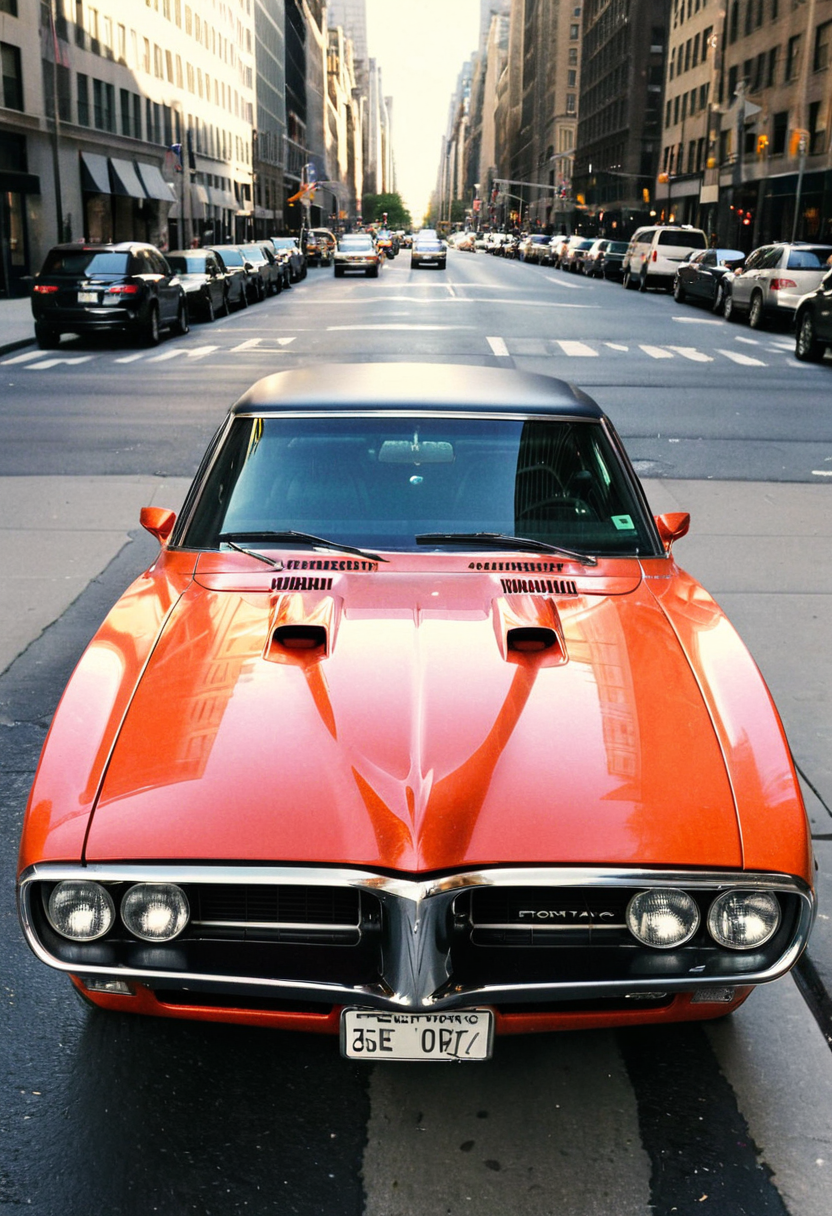 ClassicMuscleCar, gleaming Pontiac Firebird, front view, sunny, New York fifth avenue, 4K, highly detailed, (((stylish grainy analog 35mm film photo)))