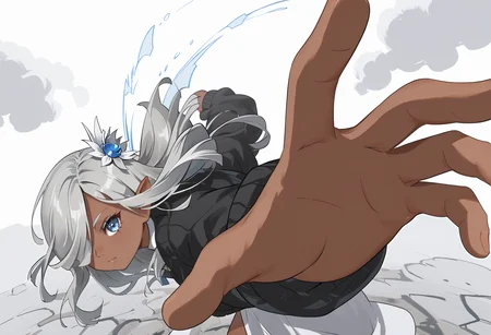 score_9, score_7_up, lunatk, dark elf, standing, dark-skinned female, grey hair, long hair, hair over one eye, blue eyes, hair ornament, black cardigan, white shirt, IncrsPunchMeme, incoming punch,
<segment:yolo-AnzhcFaceseg640v2y8n.pt,0.3,0.3>