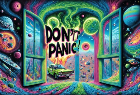 DonMD0n7P4n1cXL, text "DON'T PANIC!", hyper detailed masterpiece, dynamic realistic digital art, awesome quality,ignition shangri-la,noisome plateau,wide skies caldera transmittance,temporal paradoxe, window shopping,modern architecture,brilliant,healthcare,responsive  <lora:DonMD0n7P4n1cXL:1>