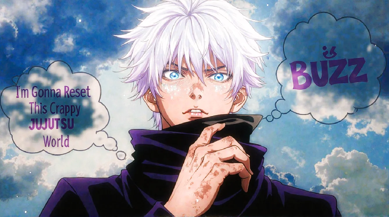 Cinematic, 8K UHD, Ultra-detailed.
On-screen, the title appears in a fantastical, dreamlike dark purple font, reading: “((I’m Gonna Reset)) ((This Crappy)) ((JUJUTSU)) ((World)),” painted in vivid, enchanting colors.
Floating in the air, an epic text reads “((♡BUZZ♡)),” in a whimsical, colorful, fantasy-style font..
The scene centers on a close-up of a young man with ((glowing)) luminous purple and white hair and glowing, bright blue ((glowing)) eyes. He wears a closed dark purple jacket a piercing, intense gaze, filled with a sharp, almost deadly expression. One hand rests thoughtfully on his chin, as if lost in deep contemplation. The background features a cloudy sky, touched by shades of blue. The overall mood is brooding and reflective, evoking a sense of seriousness and introspection. ((Below view))