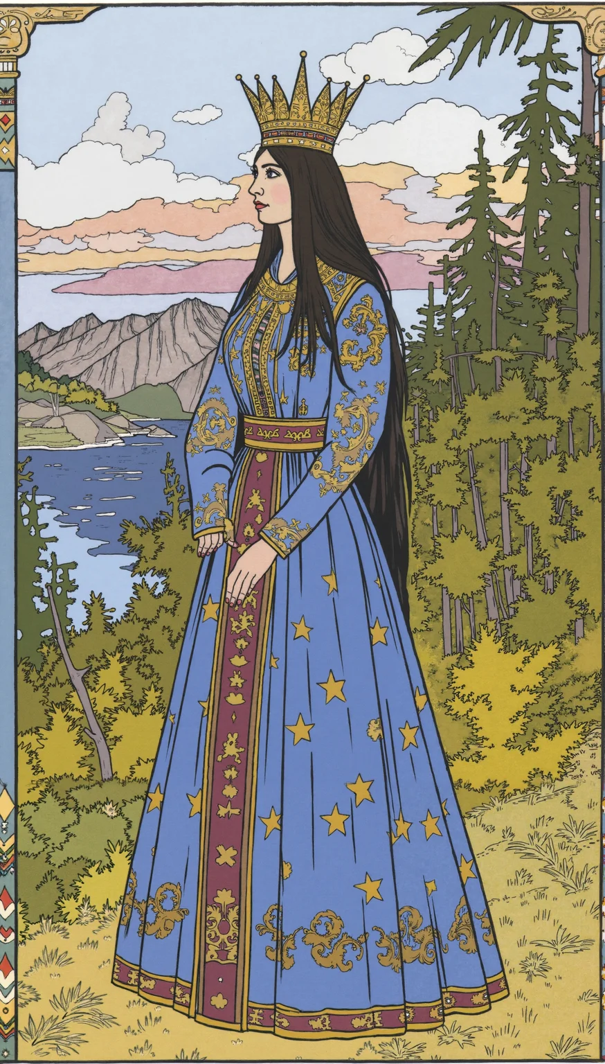 An illustration of a beautiful Russian girl queen in a traditional Slavic dress style. She has long, dark hair and wears a crown adorned with intricate designs. The queen's dress is blue and gold, with a pattern of stars and stripes. The background is a serene landscape of mountains, trees, and a body of water. The overall image has a fairytale-like quality