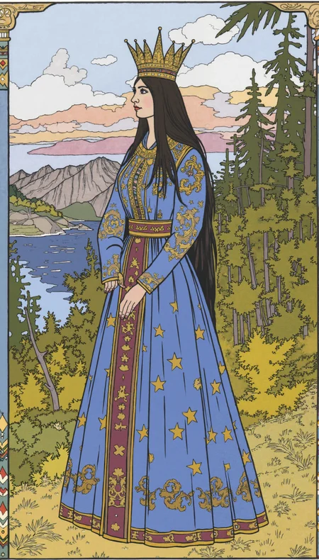 An illustration of a beautiful Russian girl queen in a traditional Slavic dress style. She has long, dark hair and wears a crown adorned  with intricate designs. The queen's dress is blue and gold, with a pattern of stars and stripes. The background is a serene landscape of mountains, trees, and a body of water. The overall image has a fairytale-like quality