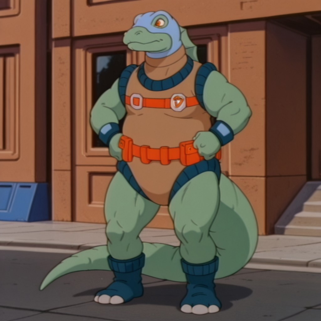 masterpiece, best quality, amazing quality,  DimetroDsil, anthro, male, Dimetrodon, green skin, orange eyes, light blue face mask, tan bodysuit, blue trim, orange belt, blue wristband, blue boots, back sail, outside, standing, hands on hips, solo, 1boy, full body
