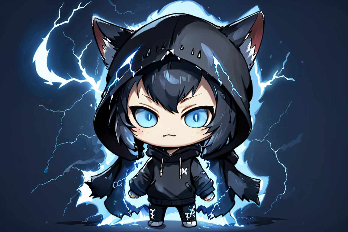 a cat, winter_clothes, black clothe, hoodie on head, high_resolution, high detail, perfect body,Monster,Xxmix_Catecat,composed of elements of thunder,thunder,electricity,chibi, <lora:chibi-XL0.2:0.8>
