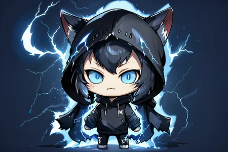 a cat, winter_clothes, black clothe, hoodie on head, high_resolution, high detail, perfect body,Monster,Xxmix_Catecat,composed of elements of thunder,thunder,electricity,chibi, <lora:chibi-XL0.2:0.8>