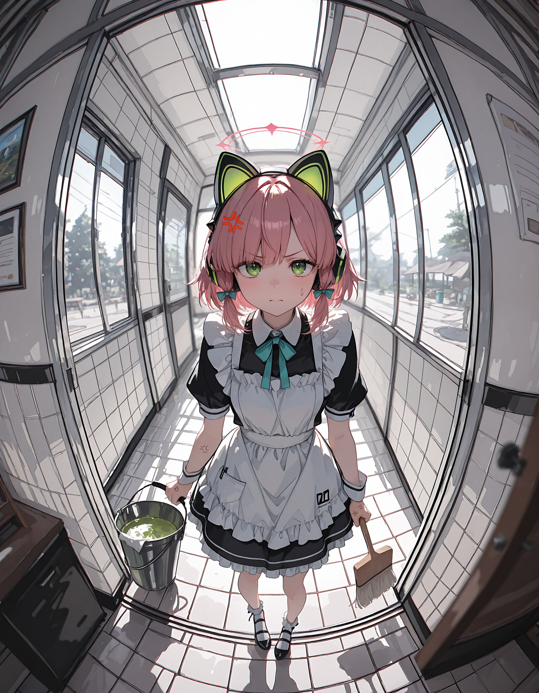 re4lity_sync_illu,
1girl, animal ears, animal ear headphones, fake animal ears, green eyes, solo, anger vein, bucket, halo, apron, maid, dress, holding, pink hair, cat ear headphones ,blurry, blurry edges,detailed_dress,detailed_fabric, chromatic aberration, ,highly detailed, 8k, dynamic angle, illustration, intricate details,masterpiece, very aesthetic, 
fisheye, foreshortening, scenery,masterpiece,best quality,absurdres,incredibly absurdres, newest ,<lora:re4lity:1>
