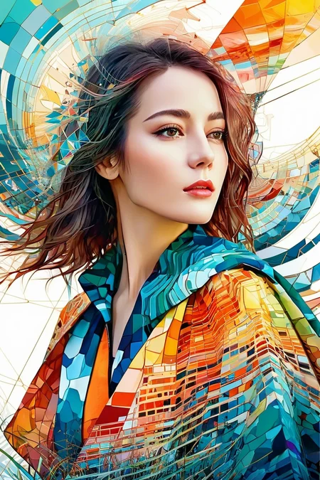 1girl,A beautiful girl,digital watercolor Illustration,summers cape sunrise,complex contrast,highly details,geometric Bauhaus abstract vector fractal,in style of Carne Griffiths,triadic colors,wave function,<lora:Dilraba_XL_v1:1>,
