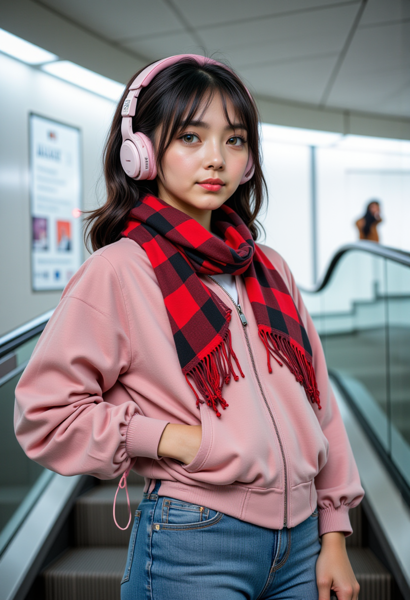  Hyperrealistic, she is approximately 18 years old, she is smiling, dynamic angles, multiple angles,She is looking at the camera, photoshoot poses; A photo of Yun-Hee_wkrea_ComfyuiCC, a young woman with black hair, She is wearing pink and white headphones, a pink jacket zipped closed, a red and black checkered scarf, blue denim jeans, with black boots,  she is posing for the camera.  She is standing in a elavator, it's clean and beautiful, daytime, The scene is set in a beautiful well lit environment, with a sense of action and adventure. listening to her music. the young woman being the main focus of the image. she is posing for the camera with a smile on her face. Style: realistic hyper-detailed rendering, 32k UHD, expressive eyes, punk, graphic design, girl's face, pretty and cute, gleaming lips, telling a tale of adventure. Exuding confidence and serenity. The overall mood of the image is happy and relaxed,detailed skin texture,(blush:0.2),(goosebumps:0.3),subsurface scattering,with a playful and whimsical tone,  Detailed hand, perfect hands, retro50s_style, niji style, looking at the camera, looking at the camera, looking at the camera, 