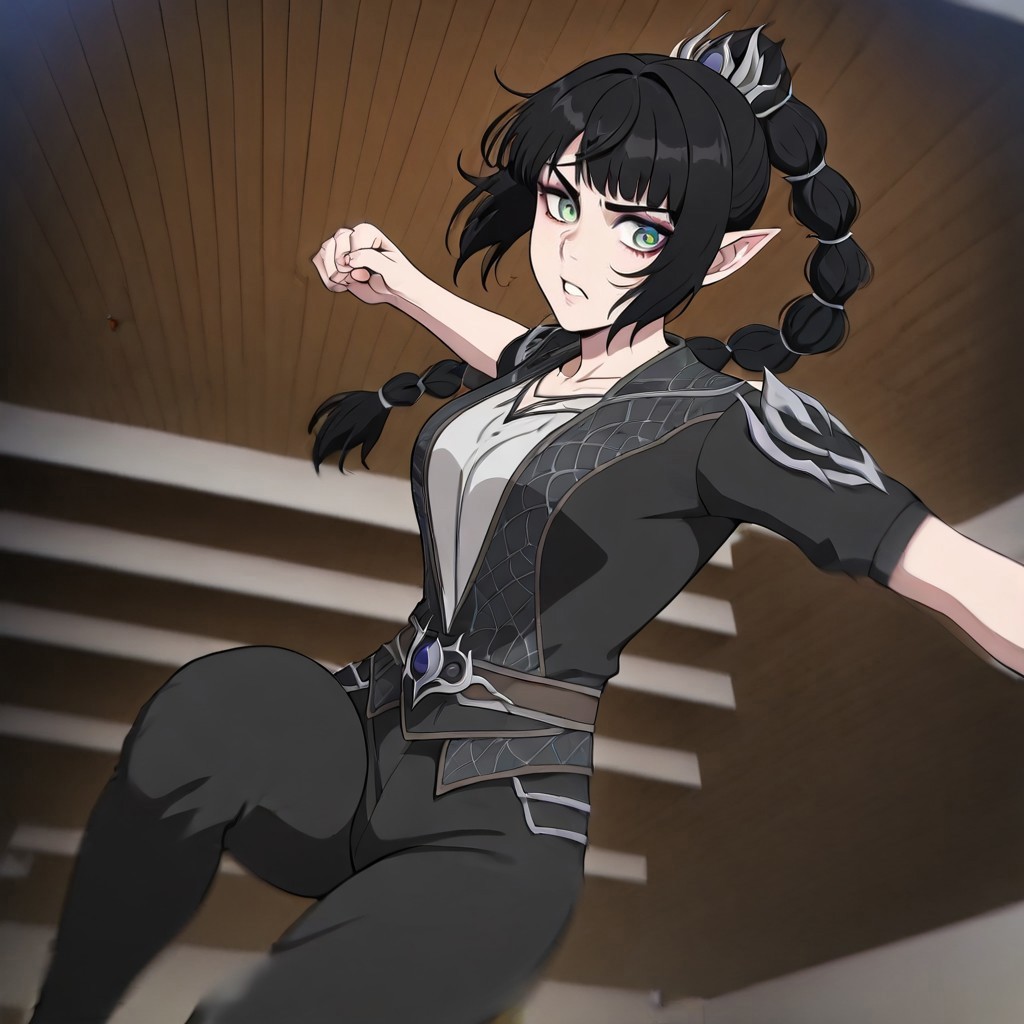 masterpiece, best quality, newest, absurdres, highres, 
anime, anime style,
MPPV1.0, incoming attack, incoming punch, midair, 
1girl, shadowheart \(baldur's gate\), long braid, elf, pointy ears, black hair, braid, side bangs, green eyes, 
