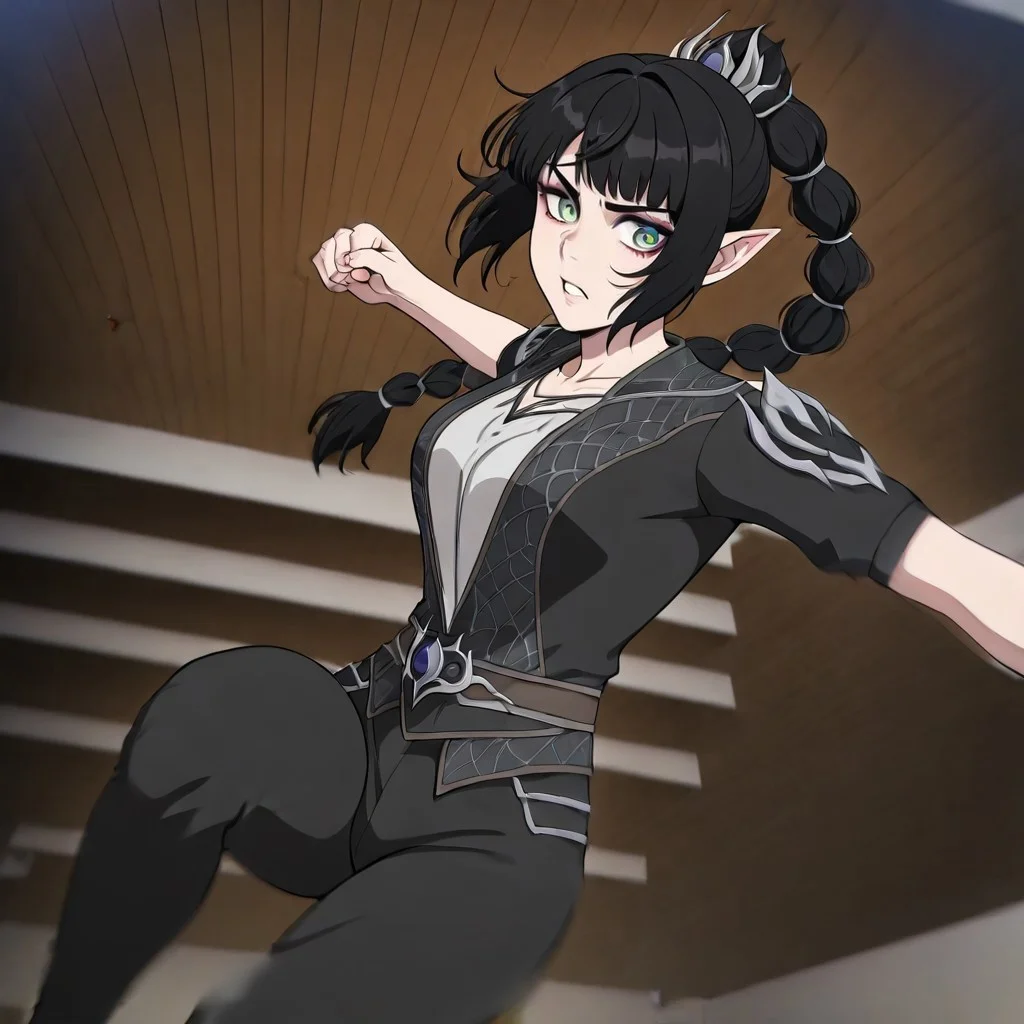 masterpiece, best quality, newest, absurdres, highres, 
anime, anime style,
MPPV1.0, incoming attack, incoming punch, midair, 
1girl, shadowheart \(baldur's gate\), long braid, elf, pointy ears, black hair, braid, side bangs, green eyes, 