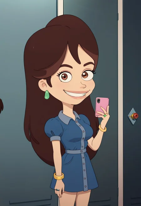 ((bedroom background)),score_9, score_8_up, score_7_up,score_6_up, Source_cartoon, masterpiece, HD
1girl, Solo, Devin_BM, light skin, brown eyes, reddish brown hair, reddish brown eyebrows, long hair, green oval-shaped earrings, golden bracelets, golden ring, blue denim dress with buttons, brown lace-up ankle boots, medium stature, social smile, big eyes, sexy face, close-up, face photo, perfect eyes, perfect smile, looking at the viewer, big breasts, detailed eyes