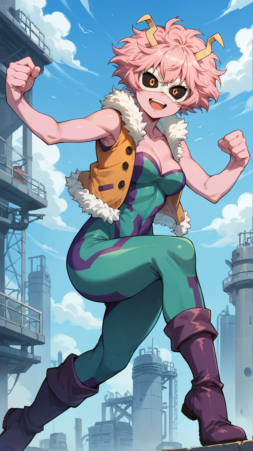 score_9,score_8_up,score_7_up,score_6_up, source_anime, zPDXL3, <lora:xl_more_art-full_v1:0.5>, girl, dynamic pose, thoughtful pose, <lora:Mina Ashido (Pinky) - Pony-000004:0.8>, pink skin, short hair pink hair, horns, black eyes, yellow pupils, orange vest, white fur trim, cleavage, unitard, two-tone unitard, bodysuit, purple boots, sleeveless, white mask, domino mask, modern city, factory, skyscrapers,