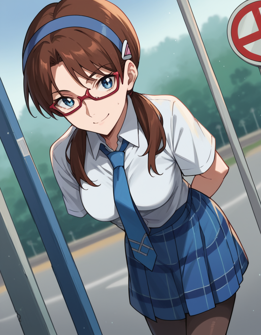 score_9, score_8_up, score_7_up, source_anime, <lora:mari-makinami-rebuild-ponyxl-lora-nochekaiser:1>, mari makinami, long hair, brown hair, twintails, low twintails, hairband, blue hairband, blue eyes, parted bangs, medium breasts,, skirt, thighhighs, school uniform, pantyhose, necktie, plaid, plaid skirt, shirt, white shirt, collared shirt, short sleeves,  glasses, opaque glasses,, bus stop, waiting, commuter, smartphone, checking time, cold morning, , looking at viewer, hands behind back, bent over, smile, solo,, cowboy shot, dutch angle
