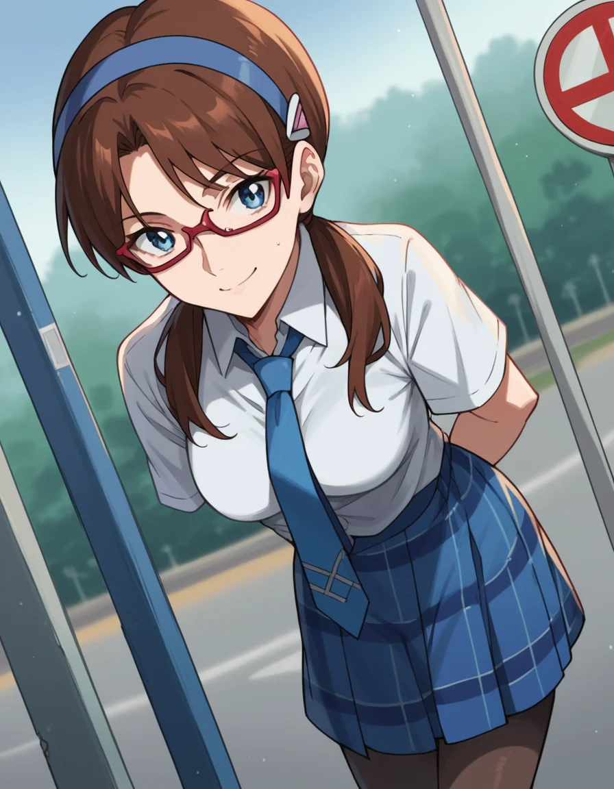 score_9, score_8_up, score_7_up, source_anime, <lora:mari-makinami-rebuild-ponyxl-lora-nochekaiser:1>, mari makinami, long hair, brown hair, twintails, low twintails, hairband, blue hairband, blue eyes, parted bangs, medium breasts,, skirt, thighhighs, school uniform, pantyhose, necktie, plaid, plaid skirt, shirt, white shirt, collared shirt, short sleeves, glasses, opaque glasses,, bus stop, waiting, commuter, smartphone, checking time, cold morning, , looking at viewer, hands behind back, bent over, smile, solo,, cowboy shot, dutch angle
