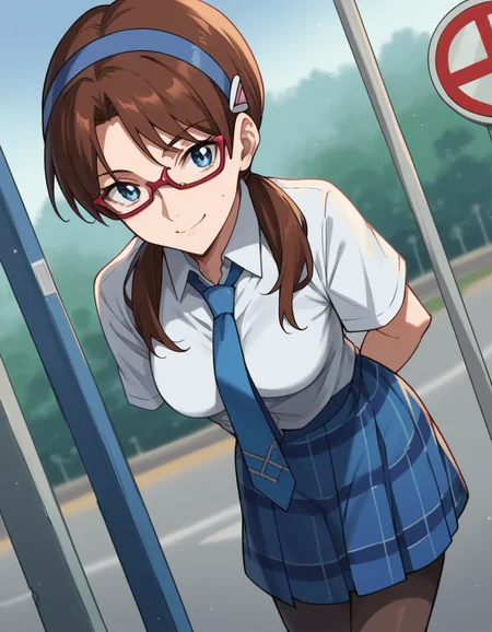score_9, score_8_up, score_7_up, source_anime, <lora:mari-makinami-rebuild-ponyxl-lora-nochekaiser:1>, mari makinami, long hair, brown hair, twintails, low twintails, hairband, blue hairband, blue eyes, parted bangs, medium breasts,, skirt, thighhighs, school uniform, pantyhose, necktie, plaid, plaid skirt, shirt, white shirt, collared shirt, short sleeves, glasses, opaque glasses,, bus stop, waiting, commuter, smartphone, checking time, cold morning, , looking at viewer, hands behind back, bent over, smile, solo,, cowboy shot, dutch angle