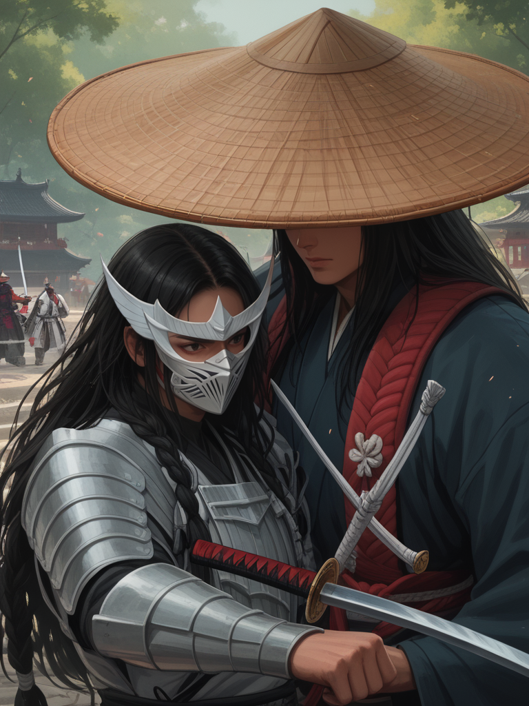 score_9, score_8_up, score_7_up, <lora:Straw_Hat-000006:1>, strawhat, conical hat, 1boy, a heavily armored samurai with shoulder armor and a straw hat, holding a giant katana sword in both hands, ready to fight, asian, long hair, low braid, roninwarriors, samurai facemask, (monolid:1.3), <lora:Ronin_Warriors-000008:.65>