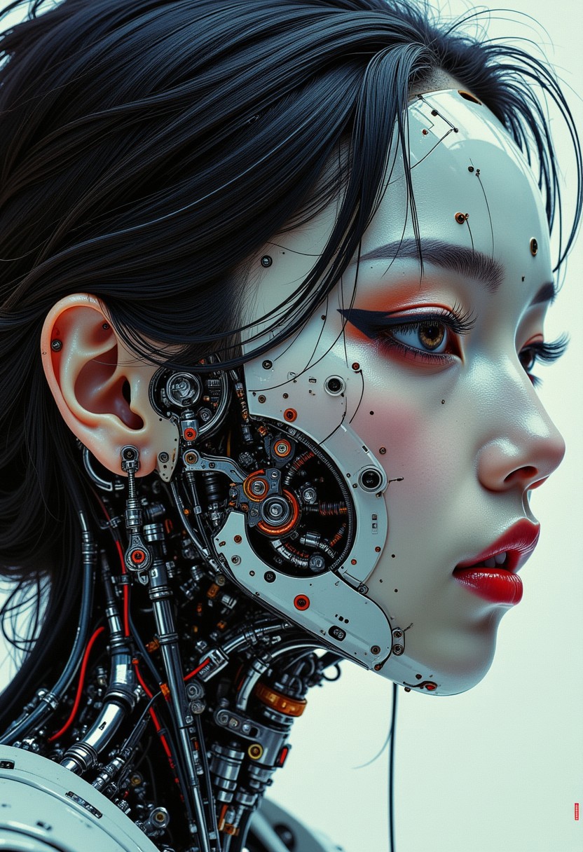 A digital artwork in the style of cknc,  in the style of ck-ncr, split image in two halves, one half shows a stunning oriental woman, dark hair, dark eyeshadow, red lips, the other half shows the woman as an android cyborg with ceramic face parts, revealing full transparent glass head with mechanical parts