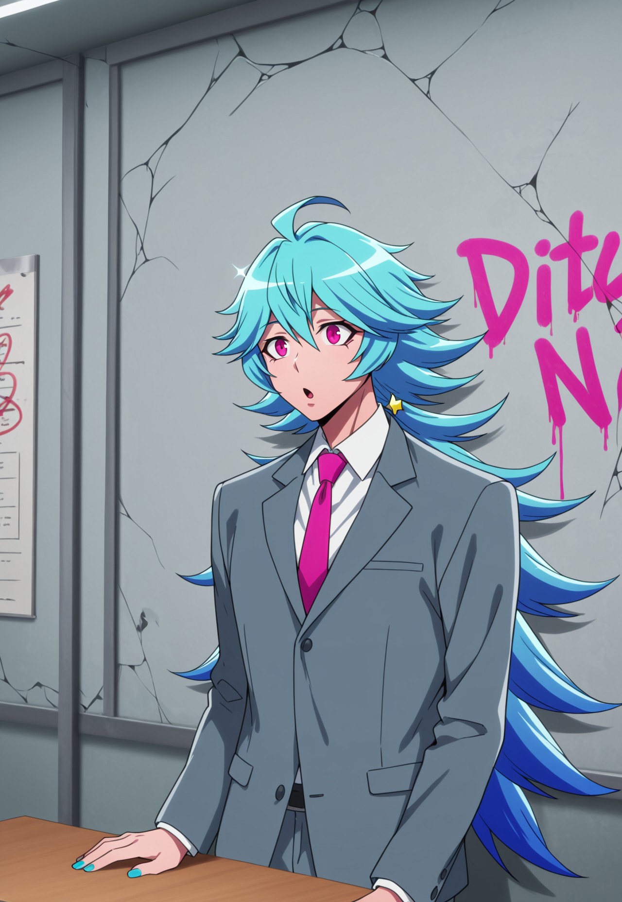 masterpiece, best quality, amazing quality, very aesthetic, absurdres, dynamic angle, ultra-detailed, highly detailed, cinematic lighting, realistic shading, BREAK
indoors, classroom, graffiti, cracked wall, standing, upper body, :o, BREAK
NBSSSeitarou, 1boy, ahoge, blue hair, long hair, spiked hair, flipped hair, low ponytail, star hair ornament, pink eyes, blue nails, sparkling aura, official alternate costume, grey suit jacket, white collared shirt, pink necktie, layered clothes,