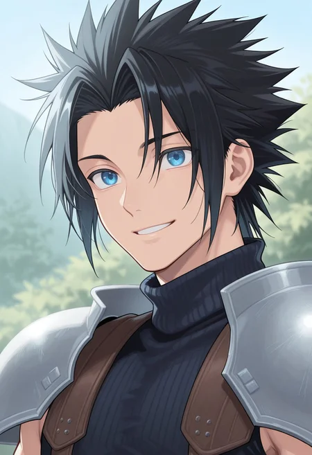 masterpiece,best quality,amazing quality, source_anime,
ZakkusuFea, 1boy, male focus, solo, blue eyes, black hair, spiked hair, short hair, shoulder armor, sleeveless turtleneck, portrait, smile, outdoor,