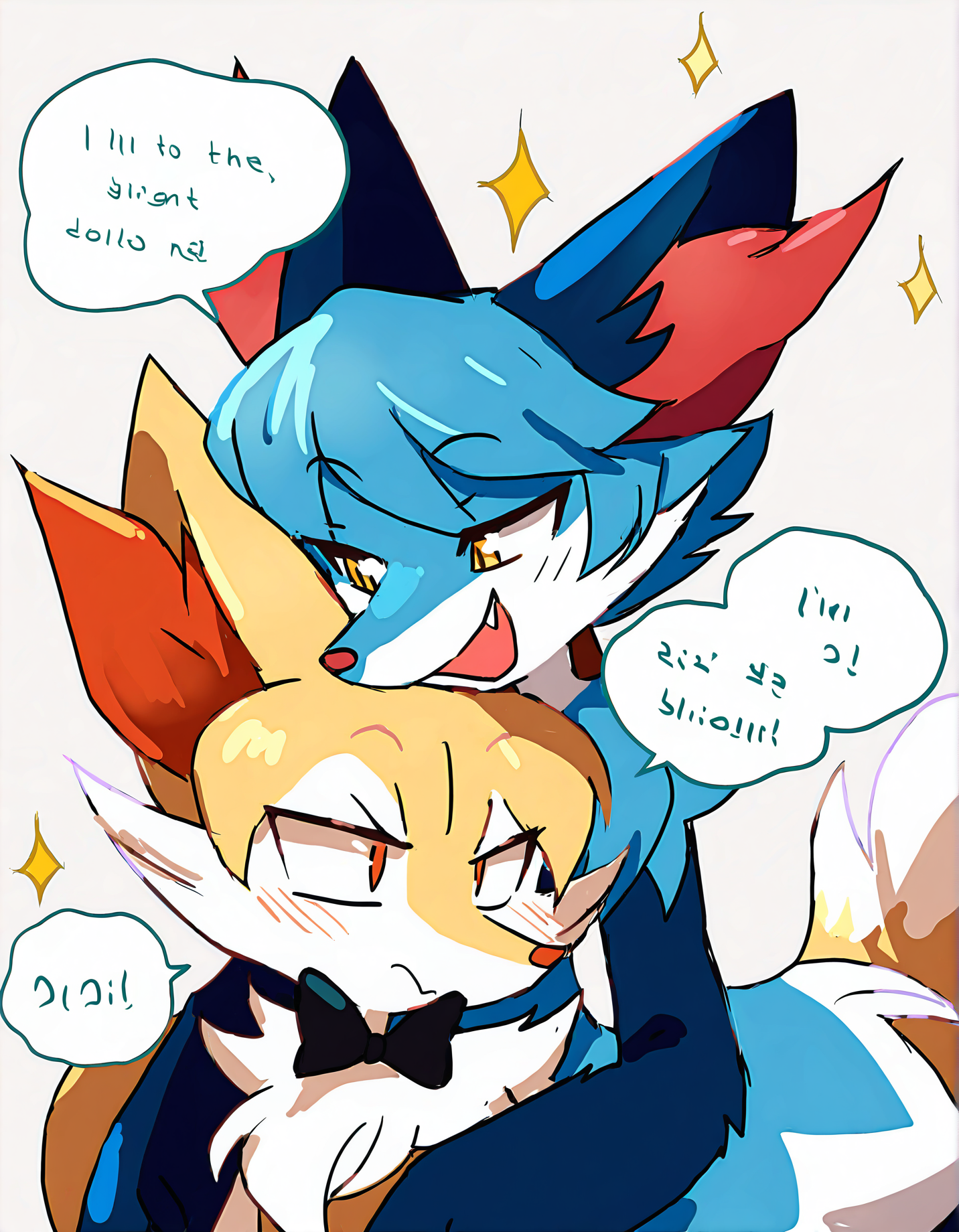 fiddleafox,
pokemon (creature), furry, bowtie, animal ears, smile, bow, fox ears, furry female, english text, braixen, black bowtie, animal ear fluff, body fur, black bow, animal nose, blush, sparkle, white fur, fox girl, speech bubble, looking at another, closed mouth, general, neck fur, yellow fur, black fur, fox tail, 1girl, upper body, white background, simple background, tail, happy, orange eyes, snout, talking, blue hair, yellow eyes, 1boy, blue fur
very awa, masterpiece, best quality, year 2024, newest, highres, absurdres, <lora:fiddleafox-style-noobai-vpred10:1>