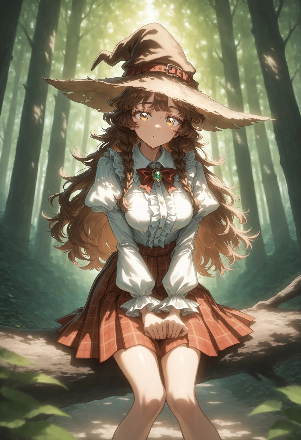 masterpiece, best quality, very aesthetic, extremely detailed, newest, 1girl, witch hat, brown hair, long hair, side braids, brown eyes, beautiful eyes, brown eyelashes, medium breasts, juliet sleeves, frilled cuffs, bowtie, white collared shirt, pleated skirt, plaid skirt, sitting, looking at viewer, outdoors, forest, sunlight through leaves, dappled sunlight, dynamic lighting, film grain, depth of field,