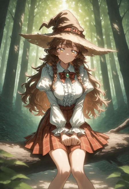 masterpiece, best quality, very aesthetic, extremely detailed, newest, 1girl, witch hat, brown hair, long hair, side braids, brown eyes, beautiful eyes, brown eyelashes, medium breasts, juliet sleeves, frilled cuffs, bowtie, white collared shirt, pleated skirt, plaid skirt, sitting, looking at viewer, outdoors, forest, sunlight through leaves, dappled sunlight, dynamic lighting, film grain, depth of field,