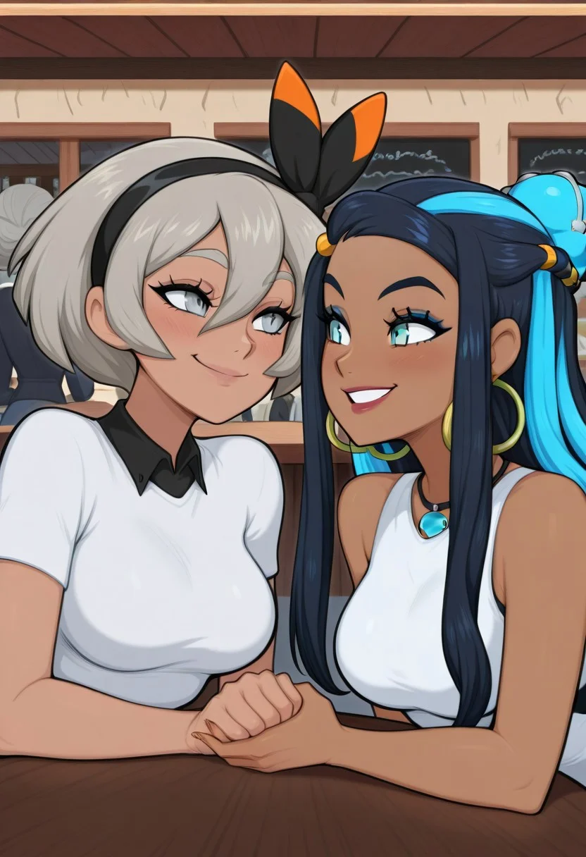 masterpiece, best quality, high resolution, absurdres, fFaceDetail,
perfecteyes, medium breasts,
2girls,
zzBea, grey eyes, grey hair, short hair, hair between eyes, black hairband,
zzNessa, dark skin, makeup, single hair bun,
sitting, looking at each other, facing each other, holding hands, talking, highly detailed, intricate, zzCitronLegacy, cafe, table, outside, village, crowd detailed eyes, ,,, smile,