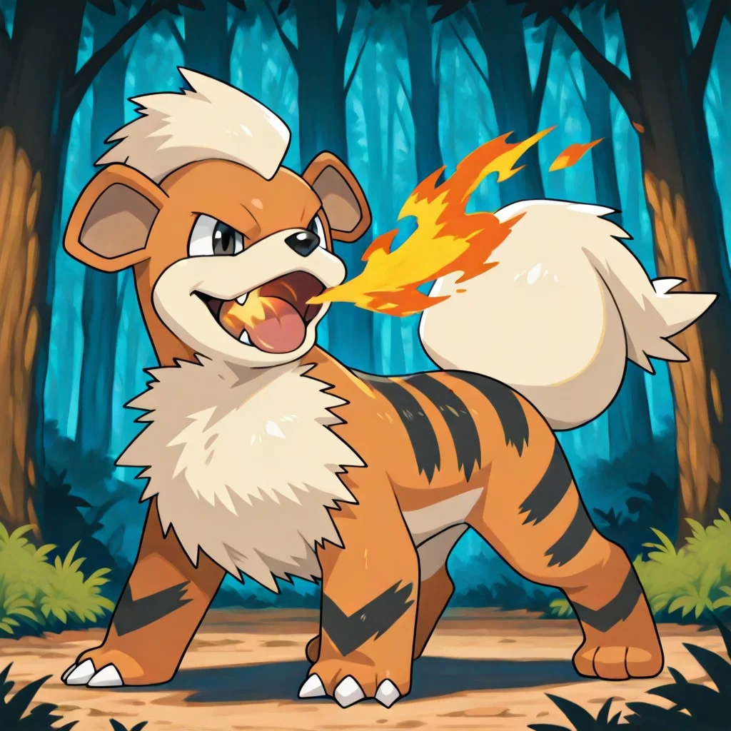 Growlithe, solo, pokemon (creature), dog, feral, canine, pokemon, orange fur, striped fur, black stripes, tan head tuft, tan chest tuft, tan snout, tan tail, puffy tail, black eyes, black nose, claws, full body, standing, mouth open, breathing fire, forest background, forest fire,