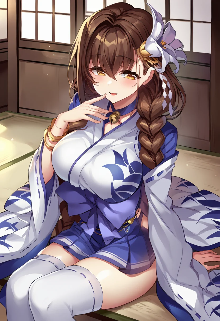 score_9, score_8_up, score_7_up, masterpiece, source_anime BREAK 1girl, ct_shira, yellow eyes, brown hair, long hair, braided ponytail, hair flower, large breasts, blue kimono, neck bell, collar, gold bangle, long sleeves, wide sleeves, hakama short skirt, white thighhighs, looking at viewer, indoors, wooden wall, cowboy shot, sitting, thighs, <lora:ShirayuriSakura_Pony_ct_ver2-000007:1>