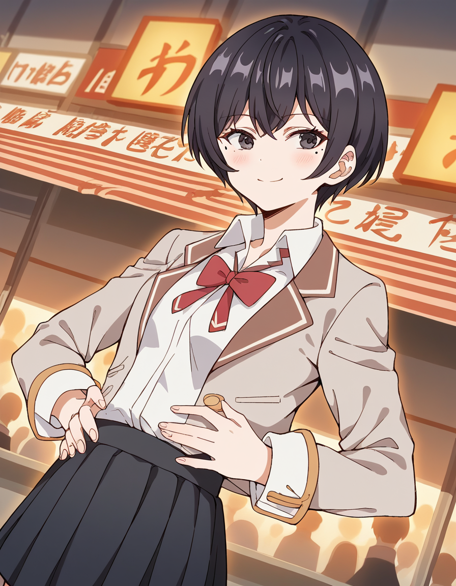 score_9, score_8_up, score_7_up, source_anime, <lora:chisaki-sarashina-s1-ponyxl-lora-nochekaiser:1>, chisaki sarashina, black eyes, black hair, mole, mole under eye, short hair,, shirt, bow, school uniform, jacket, white shirt, collared shirt, bowtie, red bow, blazer, red bowtie, black skirt, pleated skirt,, street market, vendor, street food, bustling crowd, local flavor, vibrant, smile, , hands on stomach, blush,, solo,, cowboy shot, dutch angle