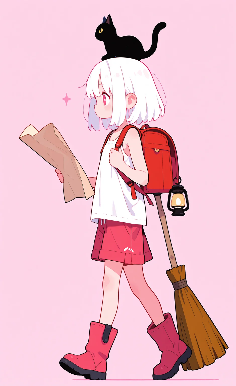 masterpiece,best quality,amazing quality, 1girl, solo, white hair, medium hair, walking, holding map, white shirt, boots, shorts, sleeveless, bag, animal, cat, backpack, tank top, red footwear, broom, on head, red shorts, white tank top, holding strap, Lantern, red bag, black cat on head, simple background, pink background, full body, profile, shadow, <lora:ponyv6_noobE11_2_adamW-000017:0.3> <lora:MeMaXL4:0.8> <lora:114558v4df2fsdf5:1> <lora:checkpoint-e18_s306:1.2> <lora:haiz_ai_illu:0.7>