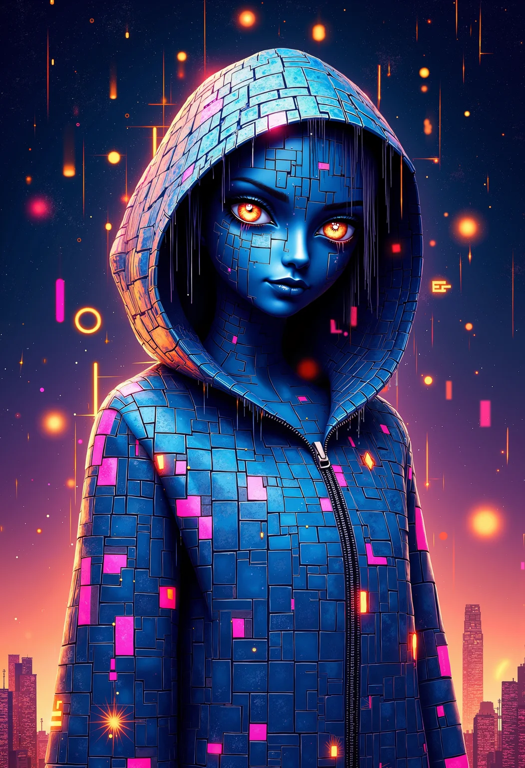 bo-digitalabstract, creating a grid-like pattern that resembles a mosaic of small, square tiles, the tiles are arranged in a way that creates a sense of depth and dimension, with some overlapping and some standing upright, covered by geometric tech lines, geometric patterns that pulse with a holographic effect, a digital drawing in a vibrant, cartoonish style, it features a humanoid figure with a whimsical, alien-like appearance, the figure has a small, round face with large, expressive eyes and a small smile, and is wearing a futuristic, hooded jacket with a mix of blue, pink, and white colors, the jacket is adorned with various abstract designs, including abstract shapes and lines, and it has a zipper running down the front, the character's body is covered in a thick, blue, and pink splatter-like substance that drips down the hood, giving it a chaotic, abstract look, the background is a dark, starry night sky with a gradient of purple and blue hues, enhancing the surreal and dreamlike atmosphere, surrounding the figure are small, abstract shapes in various colors, adding to the chaotic and surreal nature of the scene, the overall color palette is dominated by blues, purples, pinks, and yellows, with splashes of pink, orange, and yellow adding a pop of color and vibrancy, the texture of the drawing is smooth and polished, with a glossy finish that enhances the vibrant and dynamic feel of the artwork<lora:Flux\boFLUX Digital Abstract.safetensors:1.0:1.0>