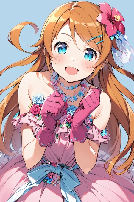 1girl, kousaka kirino, hair ornament, gloves, solo, flower, long hair, dress, open mouth, necklace, hairclip, blush, smile, jewelry, hair flower, orange hair, simple background, pink dress, bare shoulders, looking at viewer, white background, aqua eyes, pink gloves, frills, flower necklace, blue eyes, <lora:Kanzaki Hiro_XL:0.8>