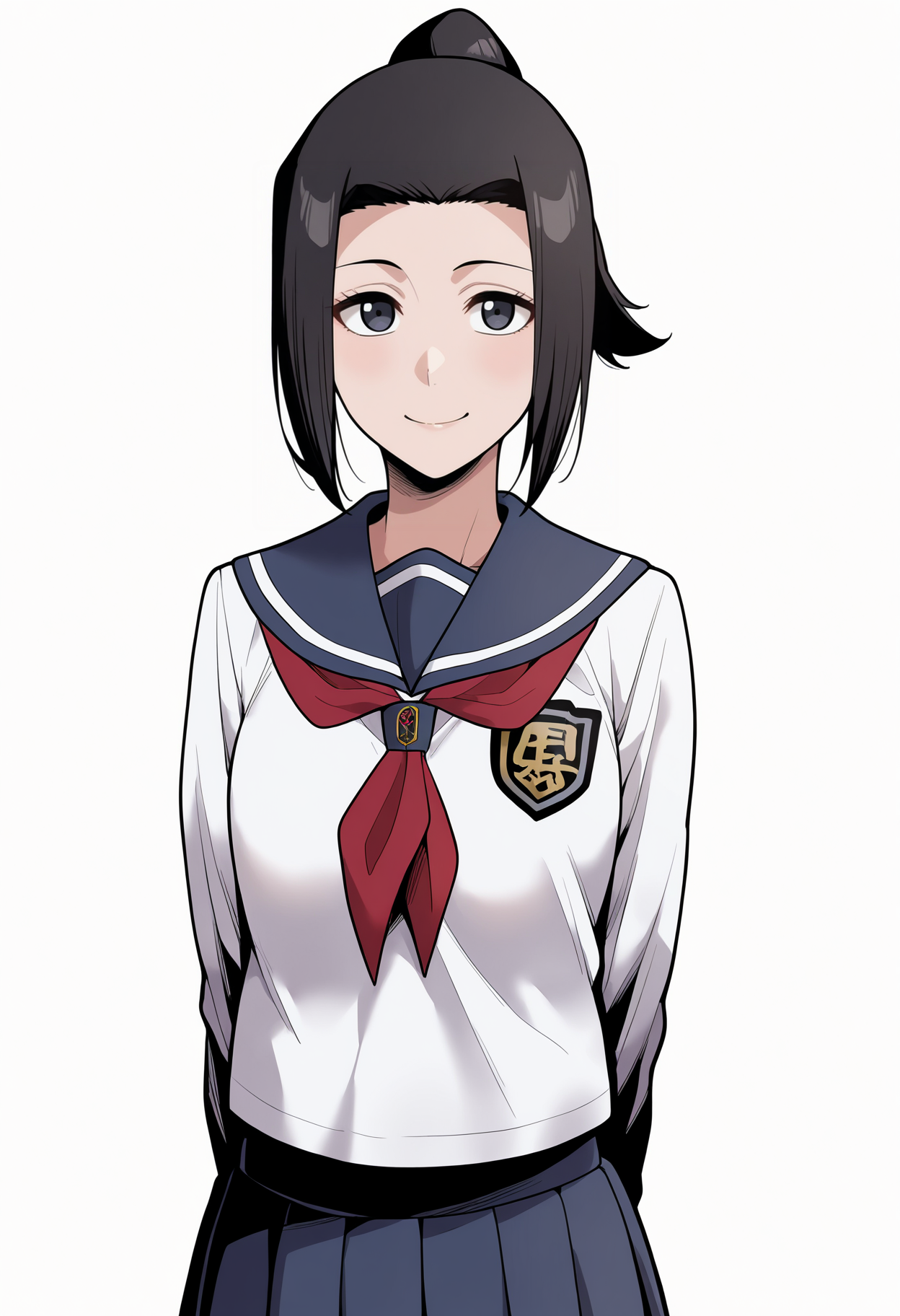 masterpiece, best quality, very aesthetic, absurdres,
1girl, karinkurosaki, black eyes, black hair, ponytail,
white shirt, pleated skirt, school uniform, serafuku,
hands behind back, smile, upper body, looking at viewer, solo, simple background, white background,  <lora:KarinKurosakiNoobXL_byKonan:1>
