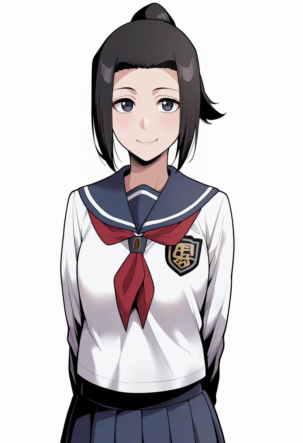 masterpiece, best quality, very aesthetic, absurdres,
1girl, karinkurosaki, black eyes, black hair, ponytail,
white shirt, pleated skirt, school uniform, serafuku,
hands behind back, smile, upper body, looking at viewer, solo, simple background, white background, <lora:KarinKurosakiNoobXL_byKonan:1>