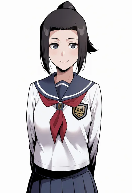 masterpiece, best quality, very aesthetic, absurdres,
1girl, karinkurosaki, black eyes, black hair, ponytail,
white shirt, pleated skirt, school uniform, serafuku,
hands behind back, smile, upper body, looking at viewer, solo, simple background, white background, <lora:KarinKurosakiNoobXL_byKonan:1>