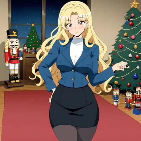 sfw, score_5_up, (best_quality:1.0), score_9, score_8_up, anime coloring, solo, medium breasts, wide hips, big hips, toned thighs, parted lips, solo, anime coloring,(brown eyes), black eyeliner, eyelashes, (long, blonde hair, long hair, curly), blush, (perfect face), milf, slender, big breasts, nutcracker, Black Pencil skirt, pantyhose, blue jacket, 1990s_(style), retro style, living room, night, christmas tree, christmas ornaments, red carpet